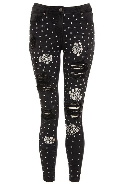 Black Denim Embellished Ripped Jeans