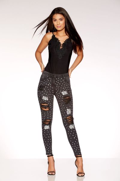 Black Denim Embellished Ripped Jeans