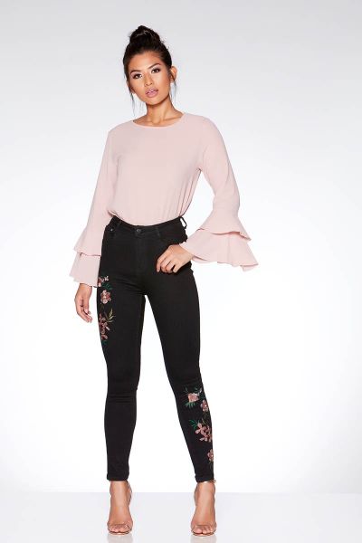 Black Floral Embroidered Skinny Jeans