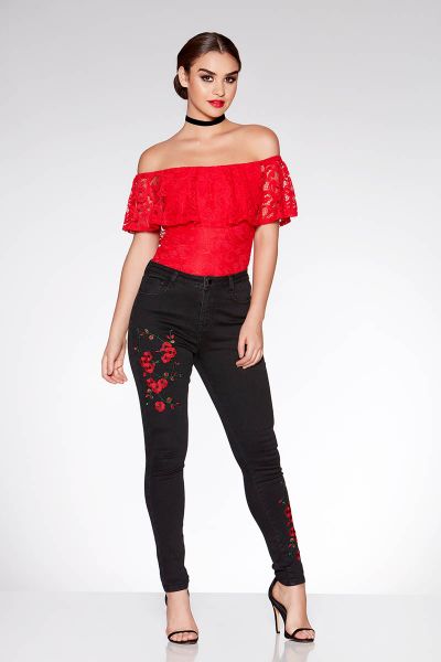 Black Flower Embroidered Skinny Jeans