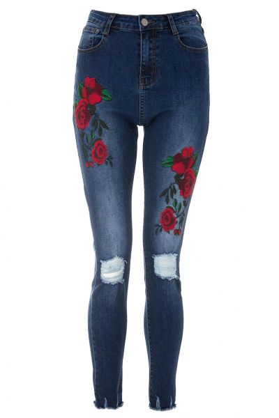 Blue Rose Embroidered Ripped Skinny Jeans