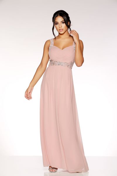 Dusky Pink Chiffon V Neck Embellished Maxi Dress