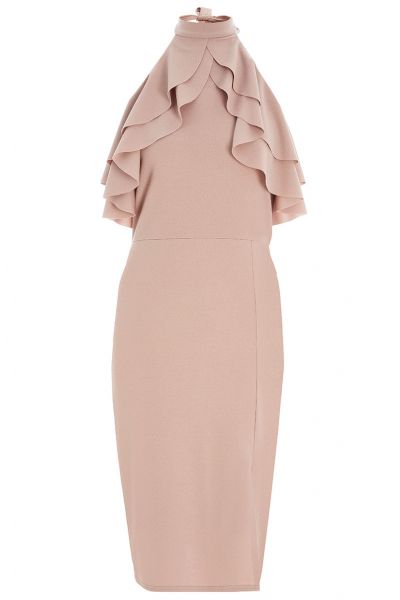 Dusky Pink Frill Halterneck Midi Dress