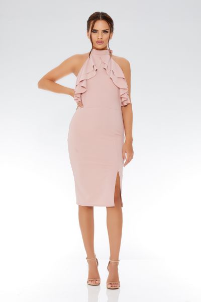 Dusky Pink Frill Halterneck Midi Dress