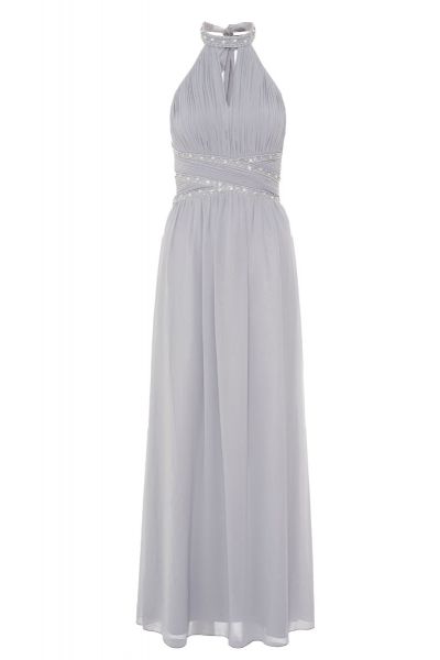 Grey Chiffon Embellished Keyhole Maxi Dress