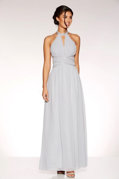 Grey Chiffon Embellished Keyhole Maxi Dress