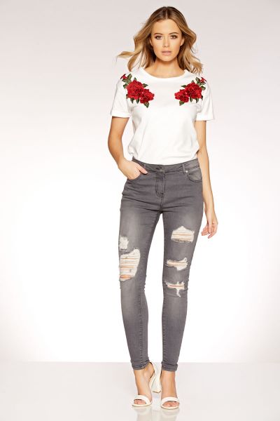 Grey Stretch Ripped Skinny Jeans