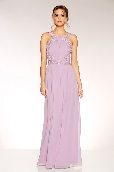 Lilac Chiffon Embellished High Neck Keyhole Dress