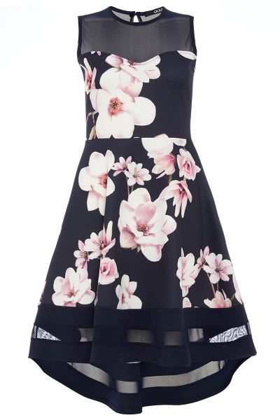 Navy And Pink Floral Dip Hem Dress