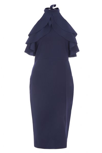 Navy Frill Halterneck Midi Dress