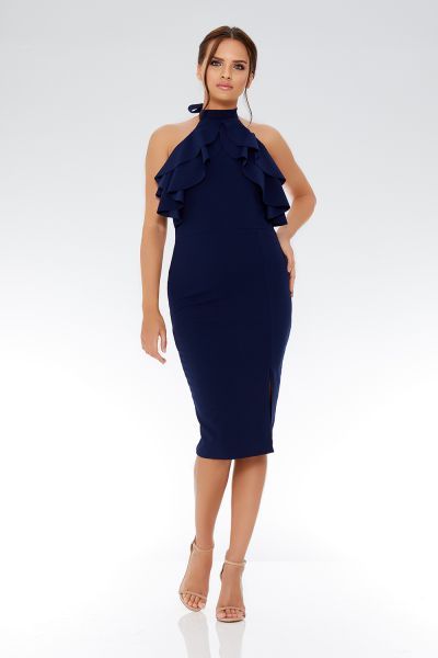Navy Frill Halterneck Midi Dress