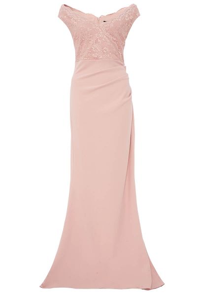 Nude Crepe Bardot Sequin Lace Fishtail Maxi Dress