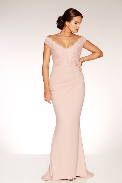 Nude Crepe Bardot Sequin Lace Fishtail Maxi Dress