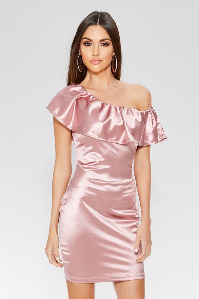 Nude Satin Frill Bodycon Dress