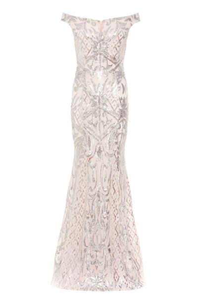 Pink And Silver Bardot Fishtail Maxi Dress