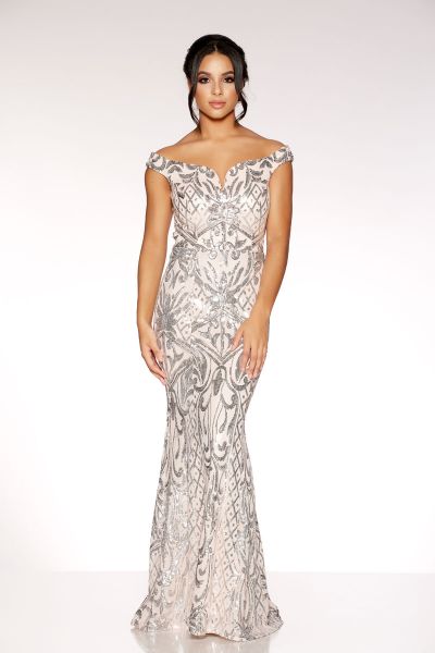 Pink And Silver Bardot Fishtail Maxi Dress