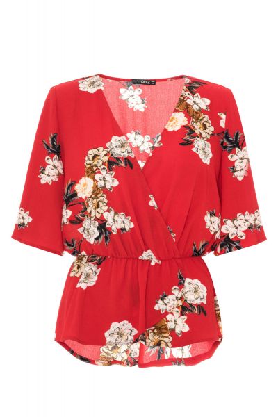Red Floral Wide Sleeve Peplum Top