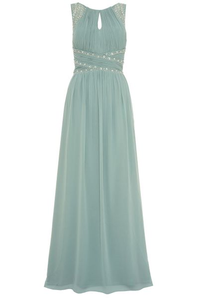 Sage Green Chiffon High Neck Embellished Maxi Dress
