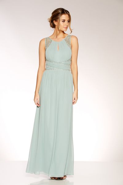 Sage Green Chiffon High Neck Embellished Maxi Dress