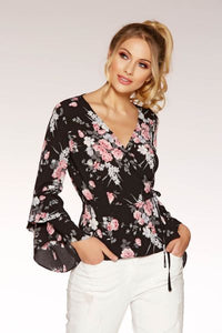 Black And Pink Frill Sleeve Top