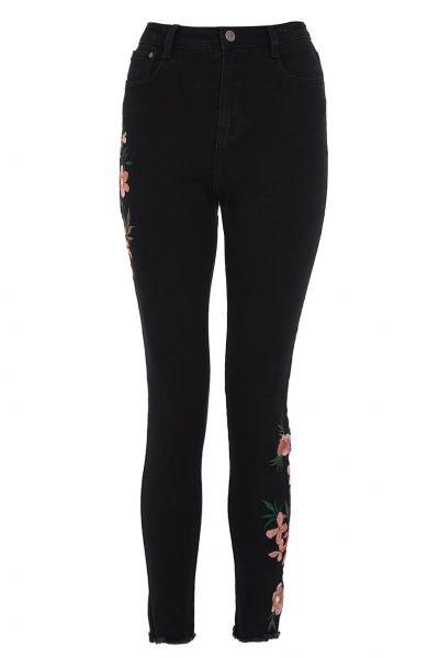 Black Floral Embroidered Skinny Jeans