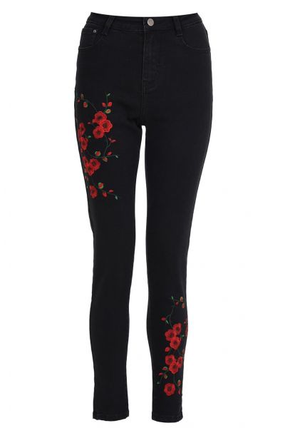 Black Flower Embroidered Skinny Jeans