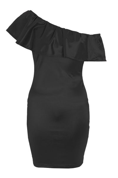 Black Satin Frill Bodycon Dress