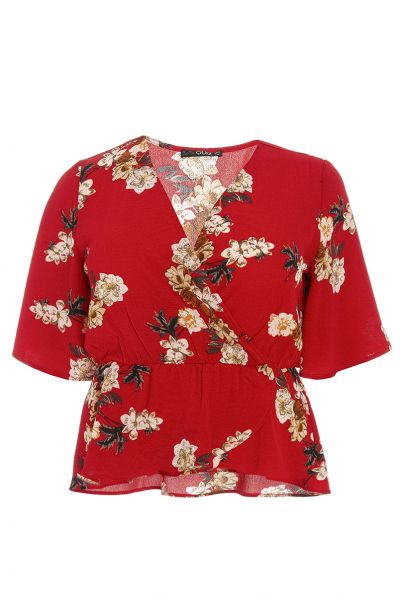 Curve Red Crepe Floral Crossover Top