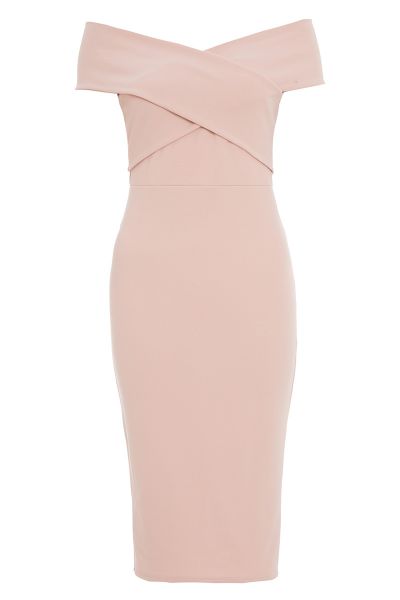 Dusky Pink Crepe Cross Over Bardot Midi Dress