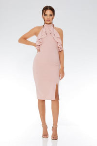 Dusky Pink Frill Halterneck Midi Dress