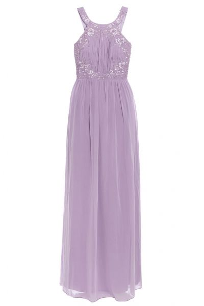Lilac Chiffon Embellished High Neck Keyhole Dress