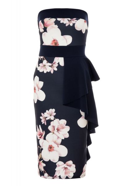 Navy And Cream Floral Ruffle Dress