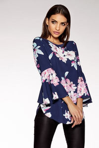 Navy And Pink Bubble Crepe Floral Top
