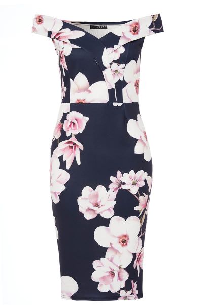 Navy And Pink Floral Print Sweetheart Neckline Dress