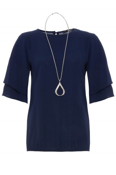 Navy Crepe Double Sleeve Necklace Top