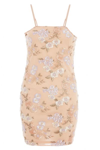 Nude And Lilac Floral Embroidered Mini Dress