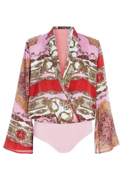 Pink And Red Satin Scarf Print Flute Sleeve Bodysuit