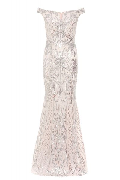 Pink And Silver Bardot Fishtail Maxi Dress