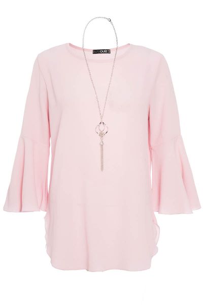 Pink Crepe Ruffle Sleeve Necklace Top