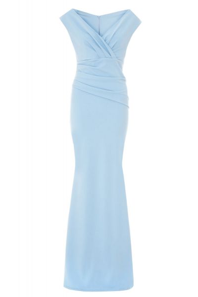 Powder Blue Crepe Bardot Wrap Front Fishtail Maxi Dress