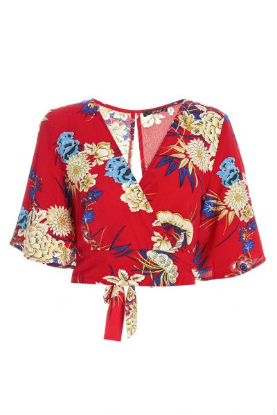 Red Floral Print Flute Sleeve Top